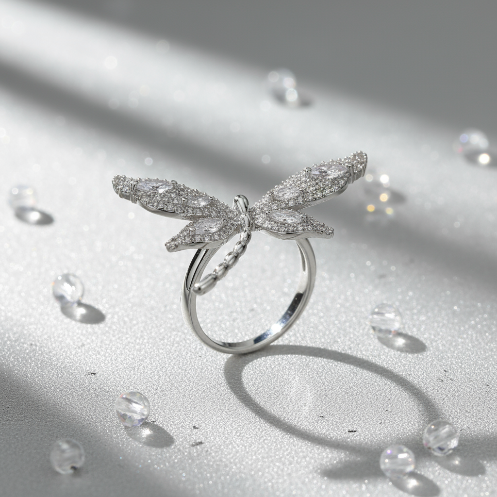 Silver Dragonfly Star Feather · Spirit Zircon Copper-Inlaid Zircon Ring