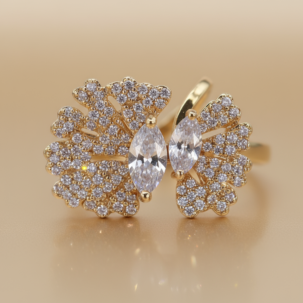 Elegant Luxury Gold-Plated Floral Pattern Copper Base Zircon Inlay Ring
