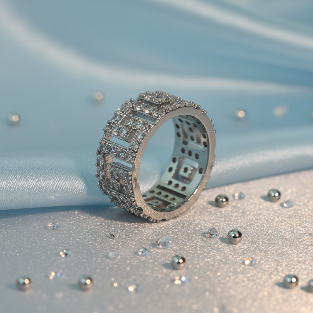 Luxury Silver-Plated Greek Key Copper Base Ring with Zircon Inlay - Image 7