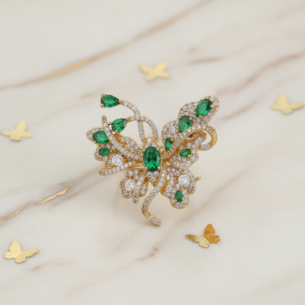 Elegant Luxury Gold-Plated Butterfly Wing Motif Copper Base Green Gem Inlay Ring