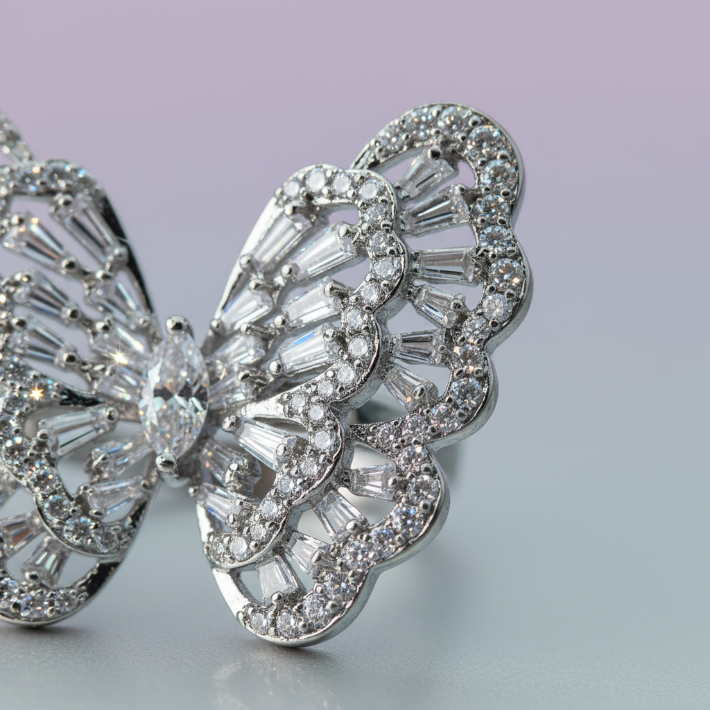 Silver Butterfly Stacked Zircons · Star Wing Copper-Inlaid Zircon Ring - Image 5