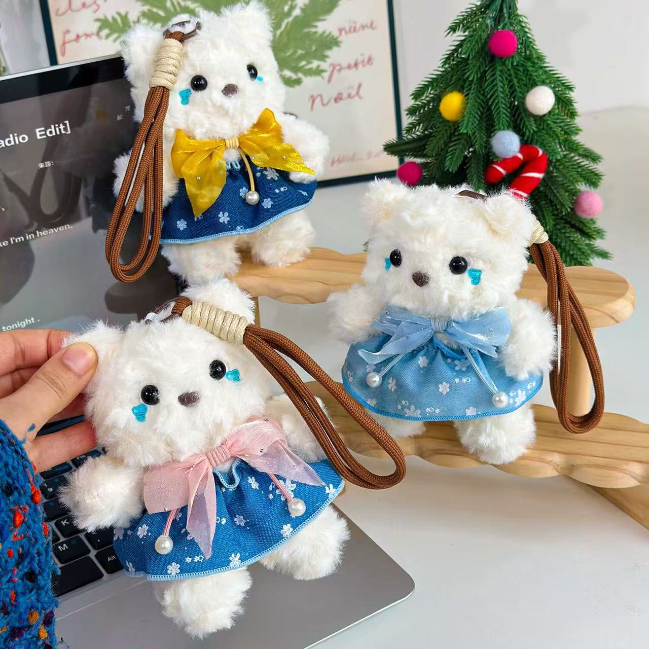 Denim-Skirt-Wearing Teddy Bear Plush Keychain