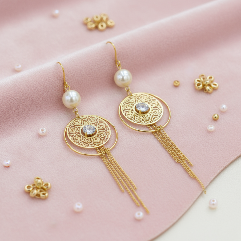 Pearl Hollow Ring Tassel Earrings - Alternative View