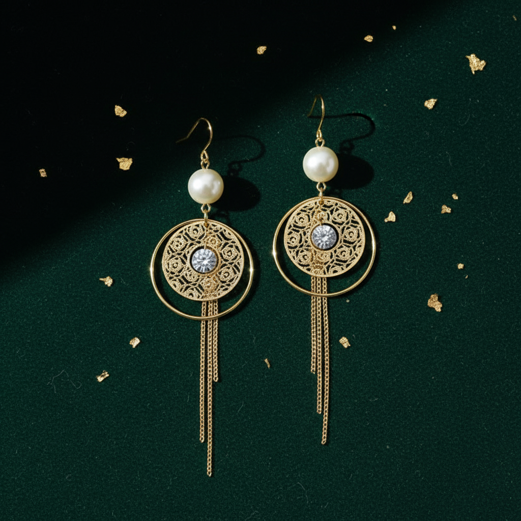 Pearl Hollow Ring Tassel Earrings - Image 6