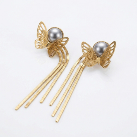 Pavé Butterfly Tassel Long High Polish Stainless Steel Earrings