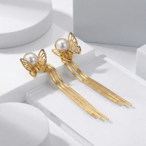 Pavé Butterfly Tassel Long High Polish Stainless Steel Earrings Hover