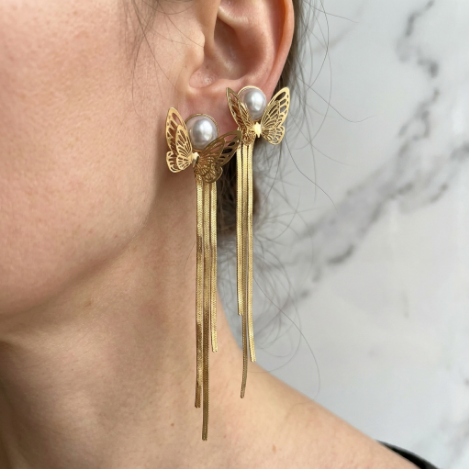 Pavé Butterfly Tassel Long High Polish Stainless Steel Earrings