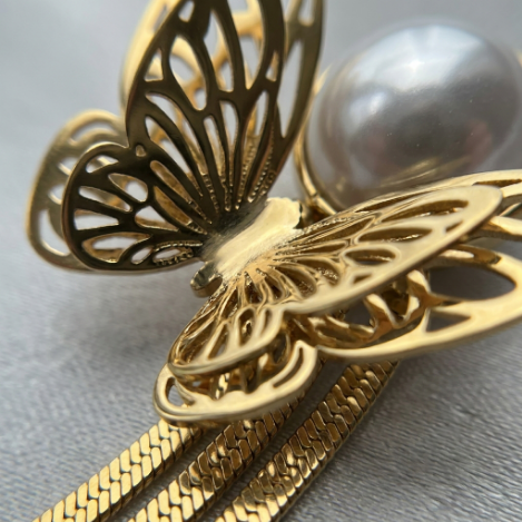 Pavé Butterfly Tassel Long High Polish Stainless Steel Earrings