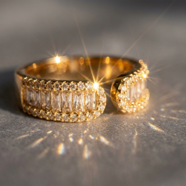 Golden Glow Stone Row Classic Motif Pavé Zircon 304 Stainless Steel Ring