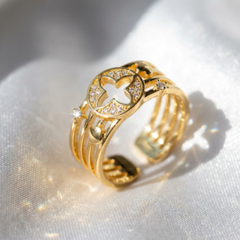 Golden Glow Stone Row Classic Motif Pavé Zircon 304 Stainless Steel Ring
