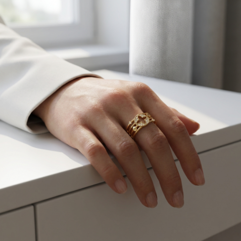 Golden Glow Stone Row Classic Motif Pavé Zircon 304 Stainless Steel Ring