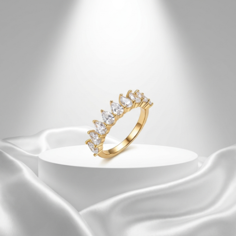 Golden Glow Stone Row Classic Motif Slim Pavé 304 Stainless Steel Ring