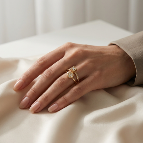 Golden Glow Stone Row Classic Motif Slim Pavé 304 Stainless Steel Ring