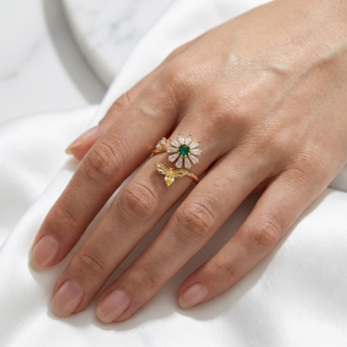 Golden Glow Bold Stone Row Classic Motif Pavé 304 Stainless Steel Ring