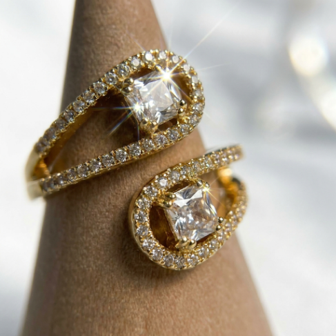 Golden Glow Stone Row Classic Motif Pavé Zircon 304 Stainless Steel Ring