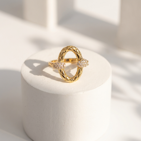 Golden Glow Stone Row Classic Motif Slim Pavé 304 Stainless Steel Ring Hover