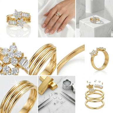Golden Glow Stone Row Classic Motif Slim Pavé 304 Stainless Steel Ring